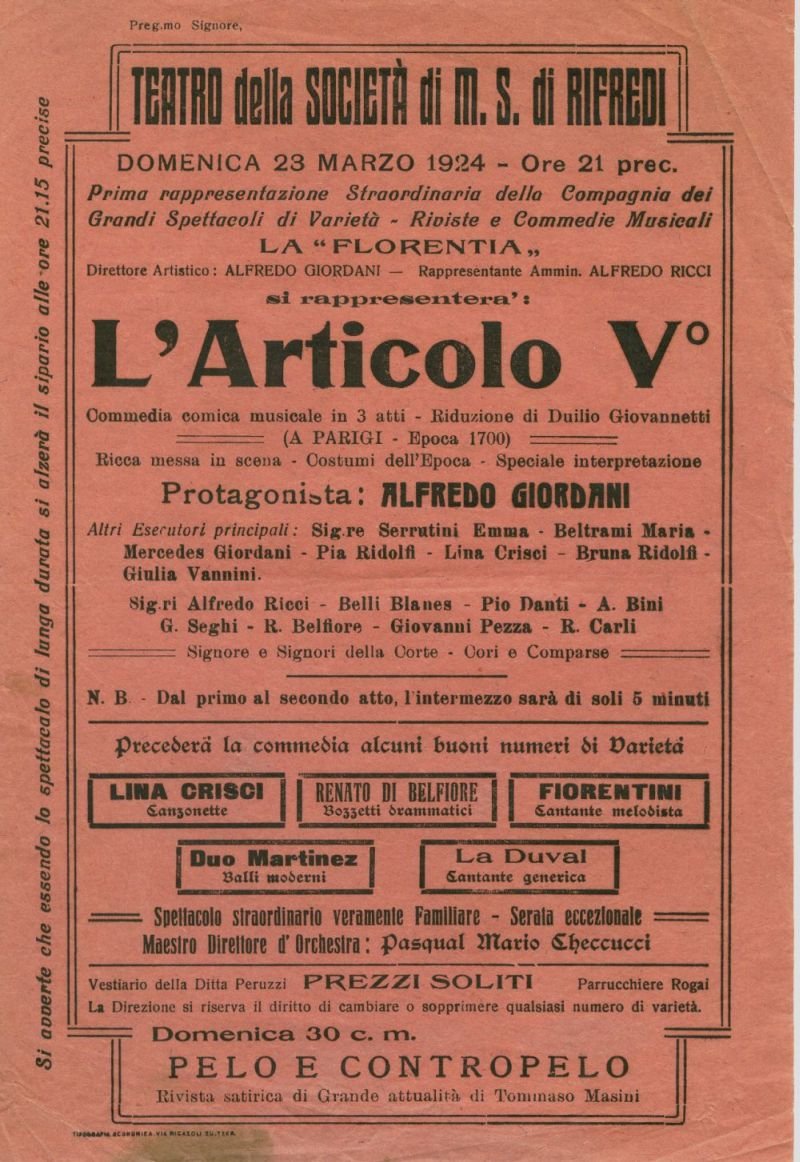 volantino della rappresentazione straordinaria per la domenica 23 marzo 1924 de L'ARTICOLO V commedia commedia comica musicale in tre atti 